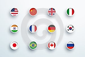 World Flags Round 3d Button Circle Icons Vector Set