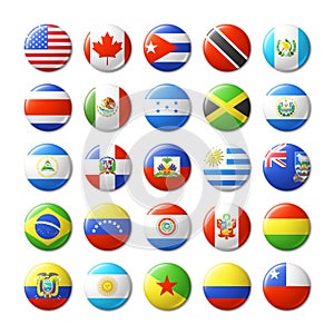 World flags round badges, magnets. North and South America.
