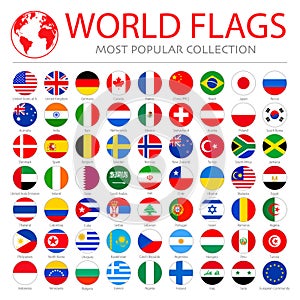 World flags vector collection. 63 high quality clean round icons.