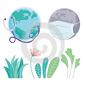 World with flowers and medical mask stethoscope and foliage, save the planet protection against coronavirus covid 19