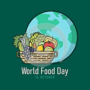 World food day banner - Basket with vegetables , fruits and the globe Filled style sign on green backfround
