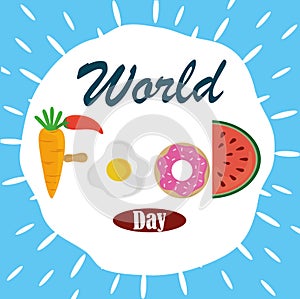 World food day, healthy lifestyle lettering fruit donut egg banner