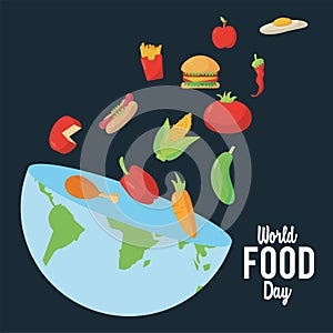 World food day lettering poster with earth planet half and nutritive food