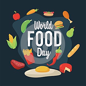 World food day lettering poster with food in circular frame
