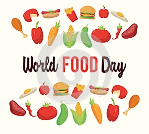 World food day lettering poster with nutritive food frame