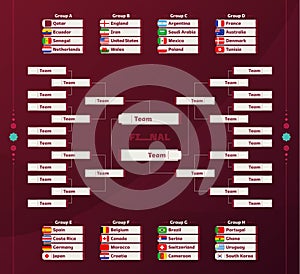 World Football 2022 playoff match schedule with groups and national flags. Tournament bracket. 2022 Football results table,