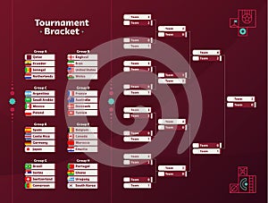 World Football 2022 playoff match schedule with groups and national flags. Tournament bracket. 2022 Football results table,