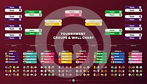 World Football 2022 playoff match schedule template. Football 2022 Tournament bracket with groups and matches. Football results
