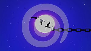 World freedom day concept: Birds broken chains flying Away at Night Full Moon with Starry Sky background. FREEDOM