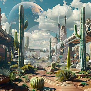 The world of the future, sci-fi, barren lands, deserts. It has been beautifully rebuilt. photo