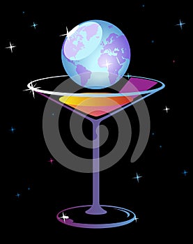 World in glass of martini