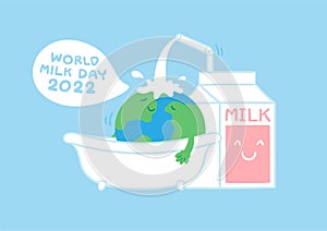 World globe bath with milk box, World Milk Day 2022 concept cartoon flat design illustration isolated on blue background with copy
