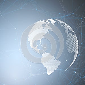 World globe on blue background with connecting lines and dots, polygonal linear texture. Global network connections