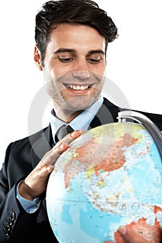 World, globe and business man with earth and planet sphere feeling happy about global travel. International, employee