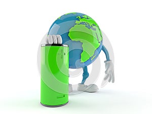 World globe character with battery