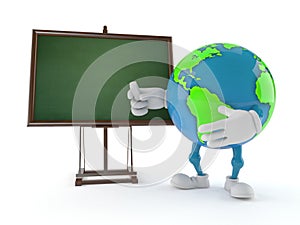 World globe character with blank blackboard