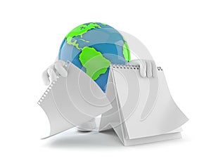 World globe character with blank calendar