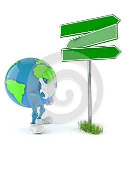 World globe character blank signpost