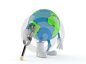 World globe character with broken leg