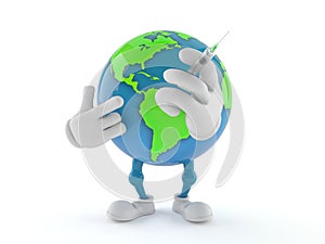 World globe character character holding a syringe