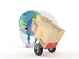 World globe character with hand truck