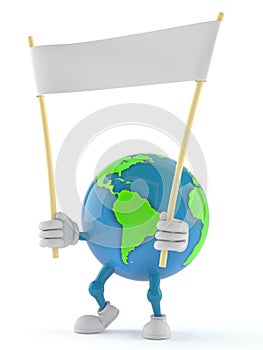 World globe character holding blank banner