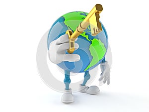 World globe character holding door key