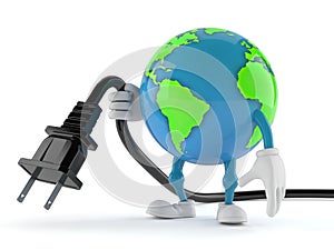 World globe character holding electric plug