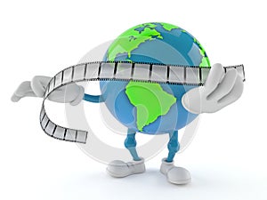 World globe character holding film strip