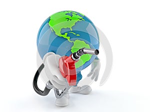 World globe character holding gasoline nozzle