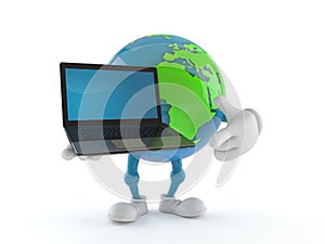 World globe character holding laptop