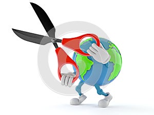 World globe character holding scissors