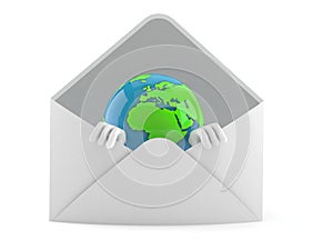 World globe character inside envelope