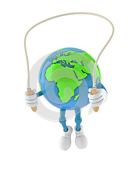 World globe character jumping on jumping rope