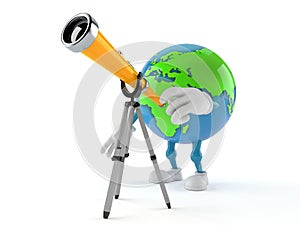 World globe character looking through a telescope