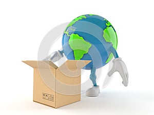 World globe character with open cardboard box