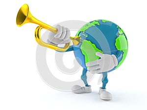 World globe character playing the trumpet