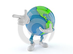 World globe character pointing finger