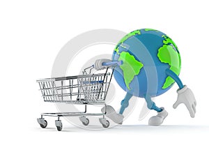 World globe character with shopping cart