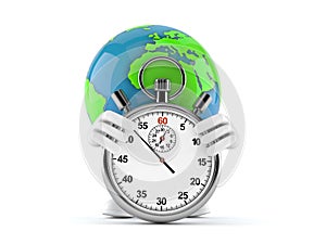 World globe character with stopwatch