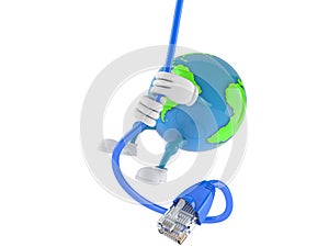World globe character swinging on network cable