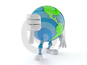 World globe character with thumb down