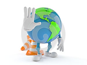 World globe character with traffic cones