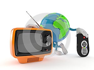 World globe character with tv set and remote