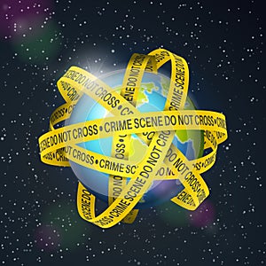 World globe with crime scene tape on space