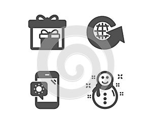 World globe, Delivery boxes and Weather phone icons. Snowman sign. Vector