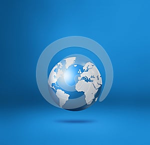 World globe, earth map, isolated on blue. Square background