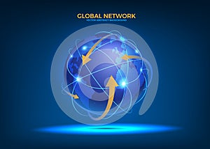 World globe. Global network map. Internet connect technology. Satellite Earth travel. Planet and arrow line. Web tech