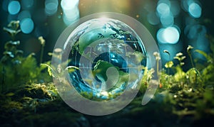 World globe on green grass moss in forest concept environmental wide background