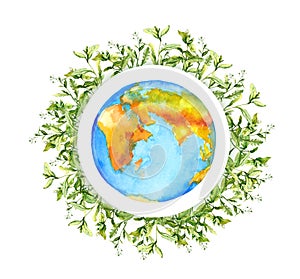 World globe and green grass, saplings, leaves. Watercolor for Environment day, Earth day